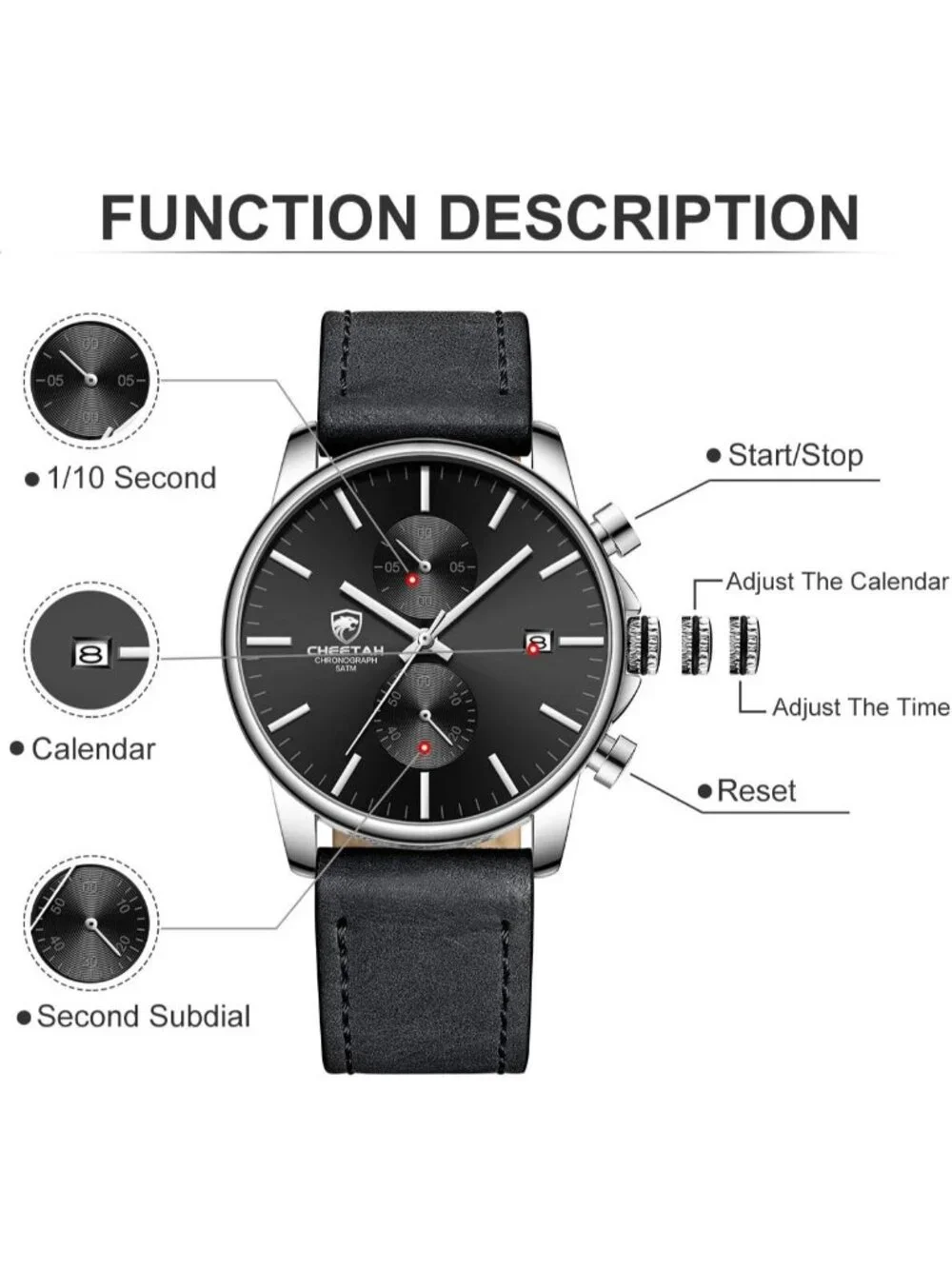 Men's Silver Gray Leather Strap Fashion Minimalist Analog Chronograph Watch